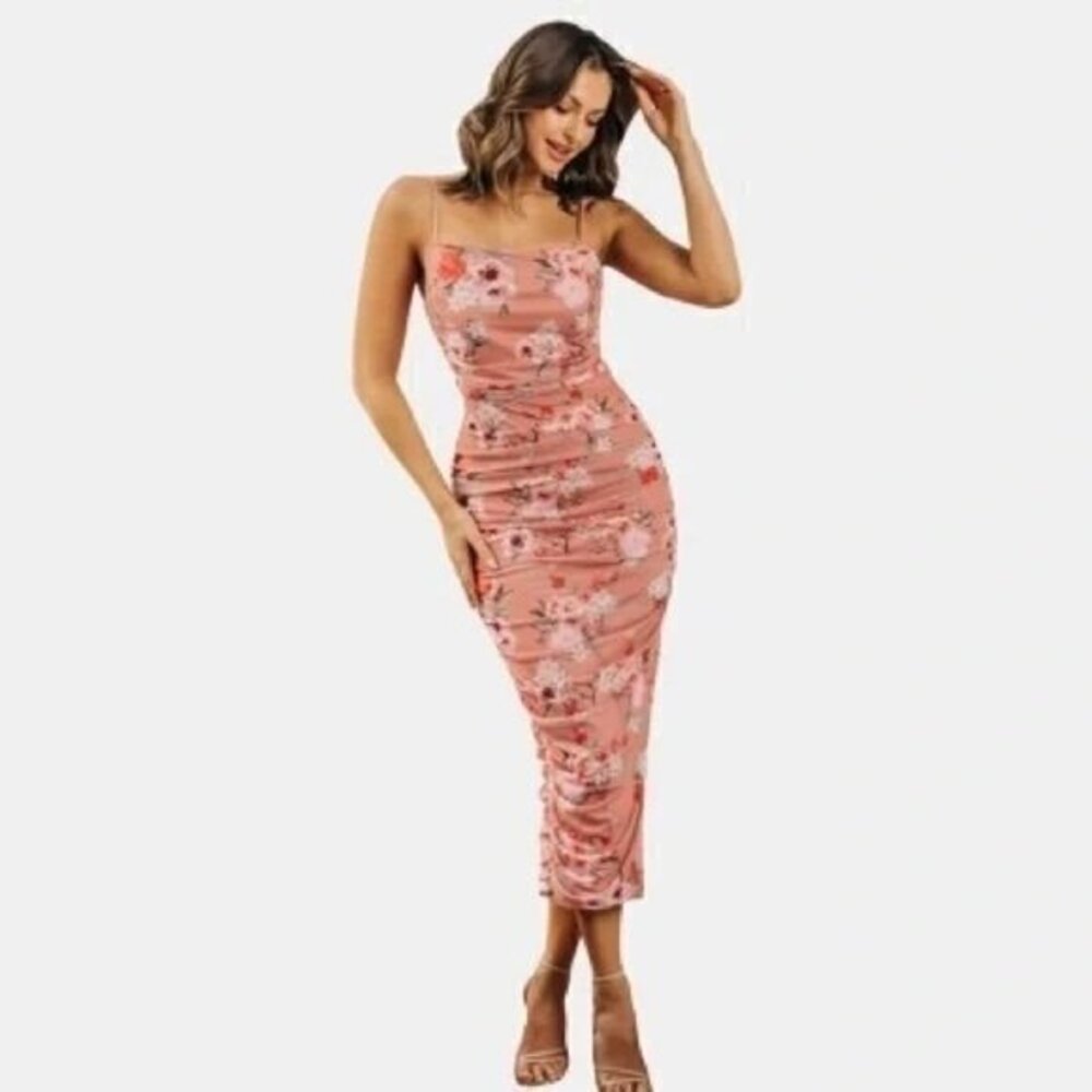 Cupshe Body Contour Floral Print Ruched Mesh Midi Dress Size XL - Picture 3 of 16